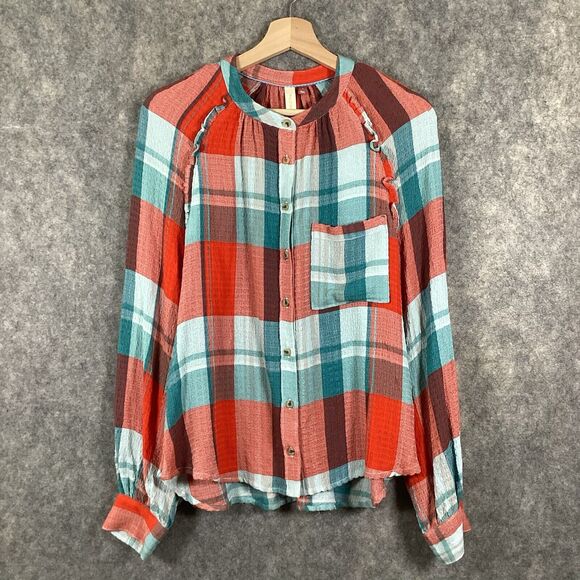 Anthropologie Pilcro Breezy Button Down Bohemian Plaid Buffalo Top Blouse Small - Picture 2 of 16